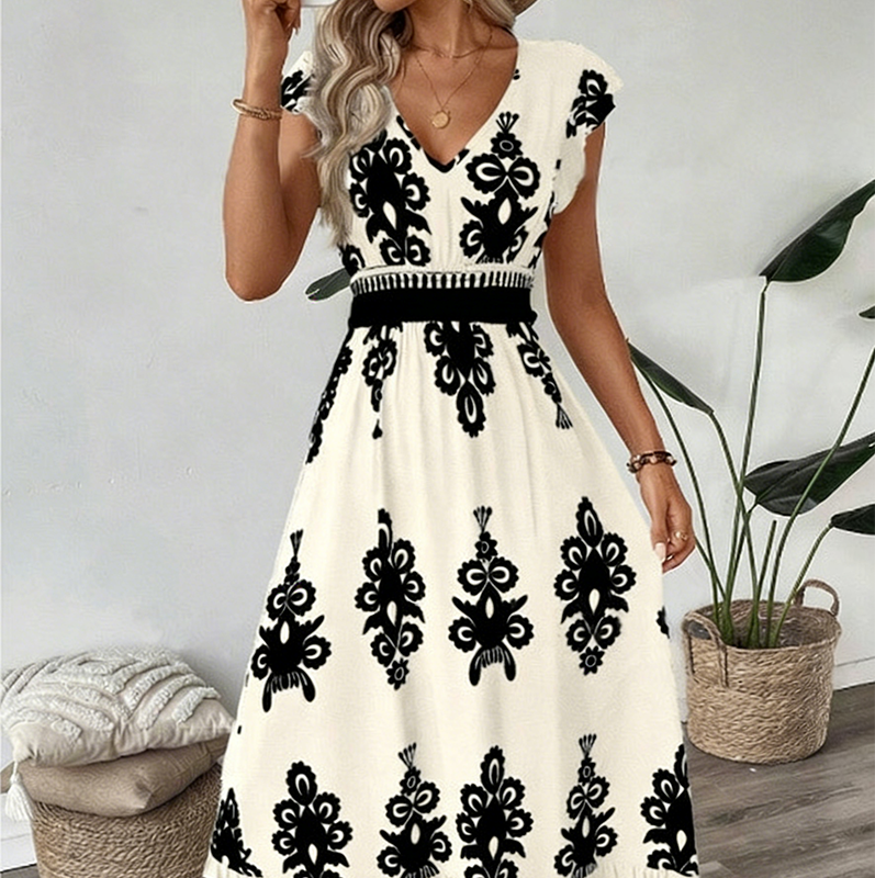 🌞 Novedades para primavera y verano👗 Vestido largo barroco con cuello en V: cintura de alta calidad, tejido que no se arruga; perfecto para las vacaciones y el día a día ✨🌿