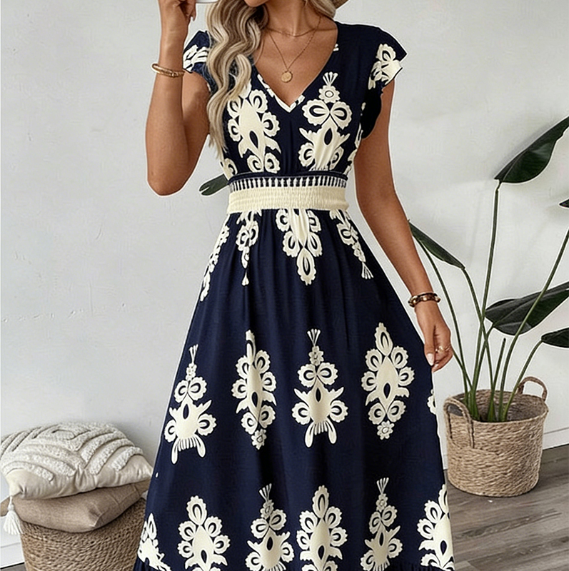🌞 Novedades para primavera y verano👗 Vestido largo barroco con cuello en V: cintura de alta calidad, tejido que no se arruga; perfecto para las vacaciones y el día a día ✨🌿