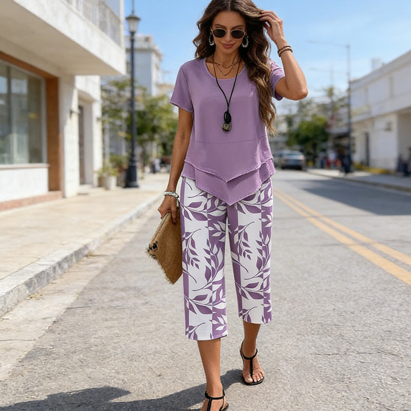 Conjunto de ocio con camiseta de cuello redondo (multicapa) y pantalones extra anchos: cómodo, ligero y versátil; ideal para el día a día y para viajar