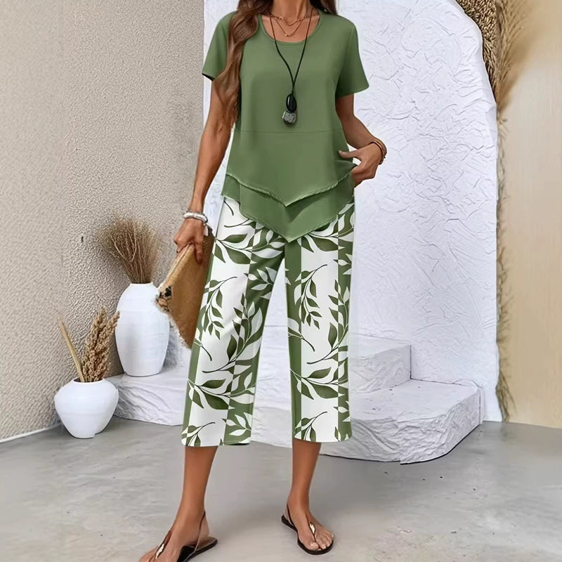 Conjunto de ocio con camiseta de cuello redondo (multicapa) y pantalones extra anchos: cómodo, ligero y versátil; ideal para el día a día y para viajar