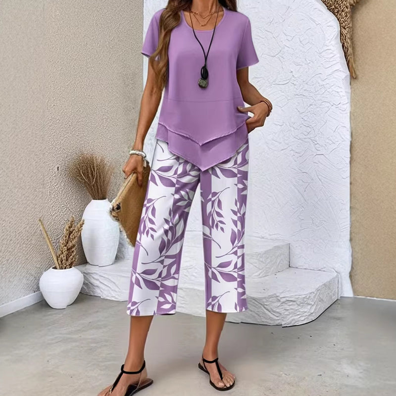 Conjunto de ocio con camiseta de cuello redondo (multicapa) y pantalones extra anchos: cómodo, ligero y versátil; ideal para el día a día y para viajar