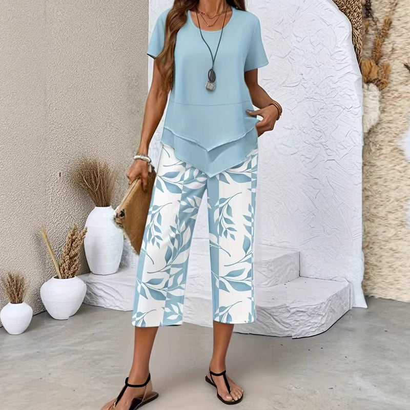 Conjunto de ocio con camiseta de cuello redondo (multicapa) y pantalones extra anchos: cómodo, ligero y versátil; ideal para el día a día y para viajar