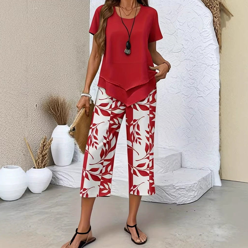 Conjunto de ocio con camiseta de cuello redondo (multicapa) y pantalones extra anchos: cómodo, ligero y versátil; ideal para el día a día y para viajar